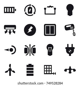 16 vector icon set : battery, battery charge, electrostatic, bulb, air conditioning, electricity, power switch, mixer, hard reach place cleaning