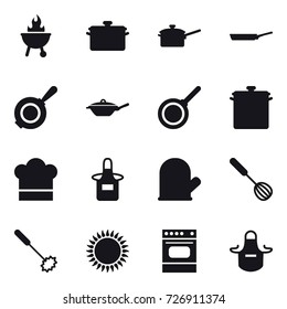 16 vector icon set : bbq, pan, saute pan, cook hat, apron, cook glove, whisk