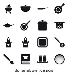 16 vector icon set : bbq, cauldron, pan, colander, apron, cutting board, skimmer, big spoon