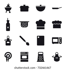16 vector icon set : bbq, pan, cauldron, colander, cook hat, chef  hat, apron, big spoon, cutting board