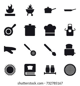 16 Vector Icon Set : Bbq, Saute Pan, Pan, Cook Hat, Apron, Cook Glove, Skimmer, Big Spoon