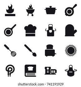 16 vector icon set : bbq, pan, cook hat, apron, cook glove, whisk, big spoon