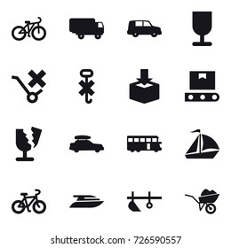 16 vector icon set : bike, car baggage, bus, sail boat, yacht, plow, wheelbarrow