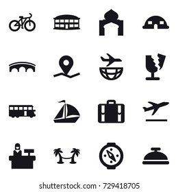 16 vector icon set : bike, airport building, minaret, dome house, bridge, bus, sail boat, suitcase, departure, reception, palm hammock, compass, service bell