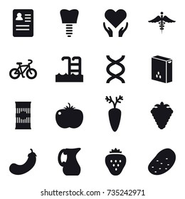 16 vector icon set : bike, pool, berry, eggplant, jug, strawberry, potato
