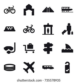 16 vector icon set : bike, minaret, pyramid, train, taxi, detector, passenger, diving mask, baggage trolley, signpost, shark flipper, inflatable pool, please clean
