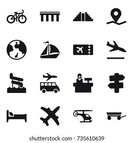 16 vector icon set : bike, bridge, pyramid, earth, sail boat, ticket, arrival, aquapark, transfer, reception, signpost, bed, trailer