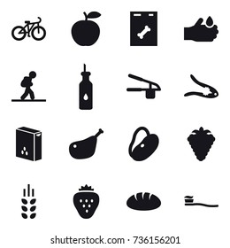 16 vector icon set : bike, tourist, garlic clasp, walnut crack, berry, spikelets, strawberry, bread, tooth brush