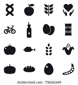 16 vector icon set : bike, spikelets, corn, pumpkin, bread, egg, peas