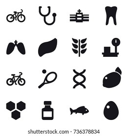 16 vector icon set : bike, tennis, honeycombs, pills bottle, fish, egg