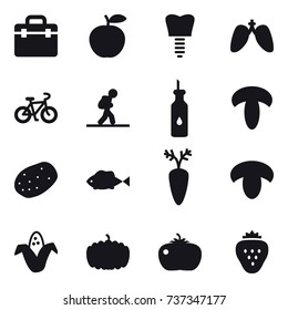 16 vector icon set : bike, tourist, mushroom, corn, pumpkin, tomato, strawberry