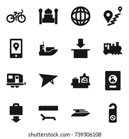 16 vector icon set : bike, minaret, train, trailer, deltaplane, baggage checking, passport, baggage get, lounger, yacht, do not distrub