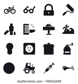 16 vector icon set : bike, lock, repair, passenger, hotel, restaurant, surfer, bulb, power socket, pan, hand mill, tractor, syringe, blower