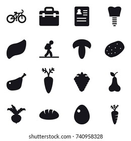 16 vector icon set : bike, tourist, berry, pear, beet, bread, egg, carrot