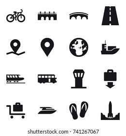16 vector icon set : bike, bridge, train, bus, airport tower, baggage get, baggage trolley, yacht, flip-flops