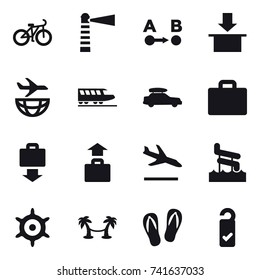 16 vector icon set : bike, lighthouse, train, car baggage, suitcase iocn, baggage get, baggage, arrival, aquapark, handwheel, palm hammock, flip-flops, please clean