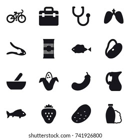 16 vector icon set : bike, walnut crack, mortar, corn, eggplant, jug, fish, strawberry, potato, shampoo