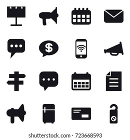 16 vector icon set : billboard, loudspeaker, calendar, mail, message, money message, phone wireless, loudspeaker, single post, loudspeaker, fridge, do not disturb