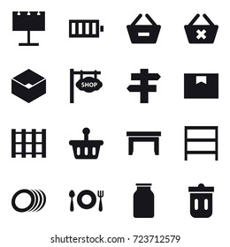 16 vector icon set : billboard, battery, remove from basket, delete cart, box, shop signboard, singlepost, table, rack, trash bin