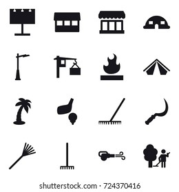 16 vector icon set : billboard, market, dome house, outdoor light, tent, palm, golf, rake, sickle, blower, garden cleaning