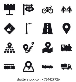 16 vector icon set : billboard, shop signboard, bike, bridge, under construction, outdoor light, train, bus, map, sweeper