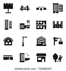 16 vector icon set : billboard, bridge, drawbridge, houses, skyscrapers, mall, modular house, palace, house, outdoor light, bus, hotel, shop, garden cleaning