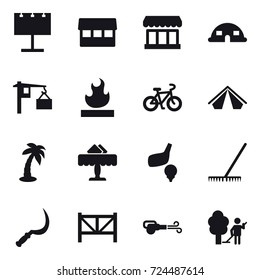 16 vector icon set : billboard, market, dome house, bike, tent, palm, restaurant, golf, rake, sickle, farm fence, blower, garden cleaning