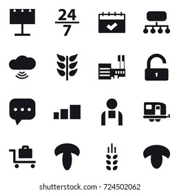 16 vector icon set : billboard, 24/7, calendar, structure, cloud wireless, mall, unlock, trailer, baggage trolley, spikelets, mushroom
