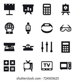 16 vector icon set : billboard, presentation, calculator, notebook globe, smartwatch, smart bracelet, smart glasses, market scales, scales, equalizer, tv