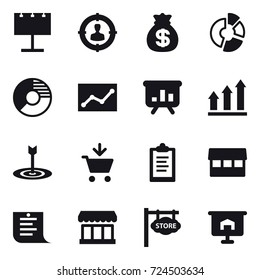 16 vector icon set : billboard, target audience, money bag, circle diagram, statistic, presentation, graph up, target, add to cart, clipboard, market, shopping list, store signboard