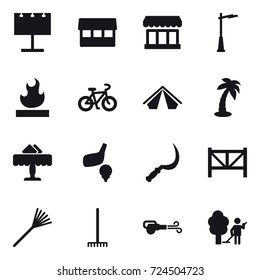 16 vector icon set : billboard, market, outdoor light, bike, tent, palm, restaurant, golf, sickle, farm fence, rake, blower, garden cleaning