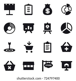 16 vector icon set : billboard, clipboard, money bag, circle diagram, presentation, diagram, target, add to cart, add to basket, delete cart, market, store signboard