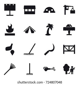 16 vector icon set : billboard, market, dome house, tent, palm, restaurant, golf, rake, sickle, farm fence, blower, garden cleaning