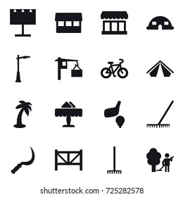16 vector icon set : billboard, market, dome house, outdoor light, bike, tent, palm, restaurant, golf, rake, sickle, farm fence, garden cleaning