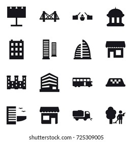 16 vector icon set : billboard, bridge, drawbridge, goverment house, building, skyscrapers, skyscraper, shop, palace, bus, taxi, hotel, sweeper, garden cleaning