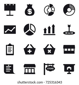 16 vector icon set : billboard, money bag, circle diagram, statistic, diagram, graph up, target, clipboard, add to basket, delete cart, market, shopping list, store signboard, presentation
