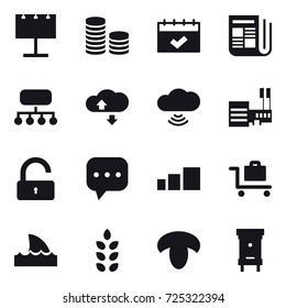 16 vector icon set : billboard, coin stack, calendar, newspaper, structure, cloude service, cloud wireless, mall, unlock, baggage trolley, shark flipper, spikelets, mushroom, hive