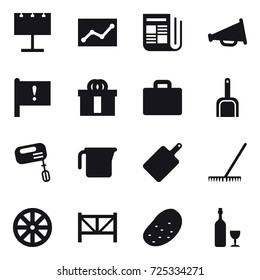 16 vector icon set : billboard, statistic, newspaper, loudspeaker, suitcase iocn, scoop, mixer, measuring cup, cutting board, rake, wheel, farm fence, potato, wine