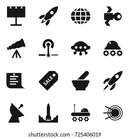 16 vector icon set : billboard, rocket, globe, satellite, telescope, laser, ufo, lunar rover, shopping list, sale label, satellite antenna