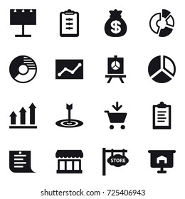 16 vector icon set : billboard, clipboard, money bag, circle diagram, statistic, presentation, diagram, graph up, target, add to cart, shopping list, market, store signboard