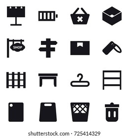 16 vector icon set : billboard, battery, delete cart, box, shop signboard, singlepost, table, hanger, rack, cutting board, trash bin