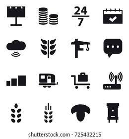 16 vector icon set : billboard, coin stack, 24/7, calendar, cloud wireless, tower crane, trailer, baggage trolley, spikelets, mushroom, hive