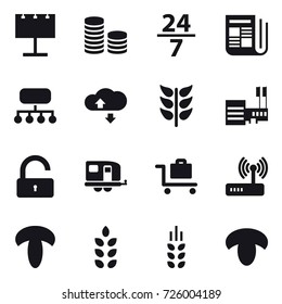 16 vector icon set : billboard, coin stack, 24/7, newspaper, structure, cloude service, mall, unlock, trailer, baggage trolley, spikelets, mushroom