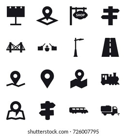16 vector icon set : billboard, pointer, shop signboard, singlepost, bridge, drawbridge, outdoor light, train, map, signpost, sweeper