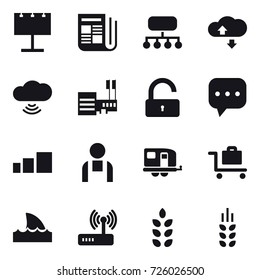 16 vector icon set : billboard, newspaper, structure, cloude service, cloud wireless, mall, unlock, trailer, baggage trolley, shark flipper, spikelets