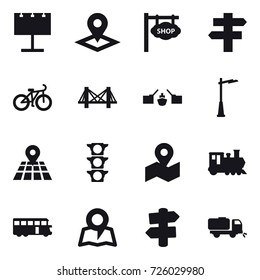 16 vector icon set : billboard, pointer, shop signboard, singlepost, bike, bridge, drawbridge, outdoor light, train, bus, map, signpost, sweeper