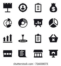 16 vector icon set : billboard, target audience, clipboard, money bag, circle diagram, presentation, diagram, graph up, target, delete cart, market, shopping list