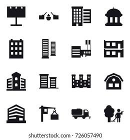 16 vector icon set : billboard, drawbridge, houses, goverment house, building, skyscrapers, mall, modular house, district, palace, house, sweeper, garden cleaning