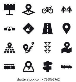 16 vector icon set : billboard, pointer, bike, bridge, drawbridge, under construction, bus, map, signpost