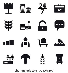 16 vector icon set : billboard, coin stack, 24/7, calendar, mall, unlock, baggage trolley, shark flipper, spikelets, hive